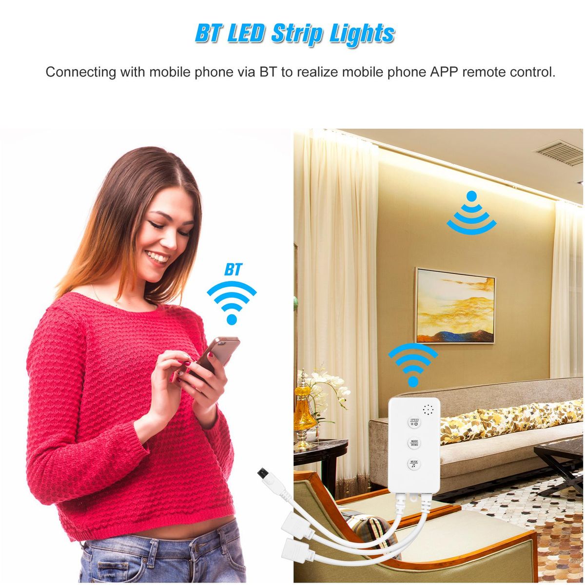 BT LED Strip Lights Kit 5m/16.4ft Length 5050 RGB IR BT music Controller Changing Color 12V Power Supply Smart Light Strip for Bar Home Decoration