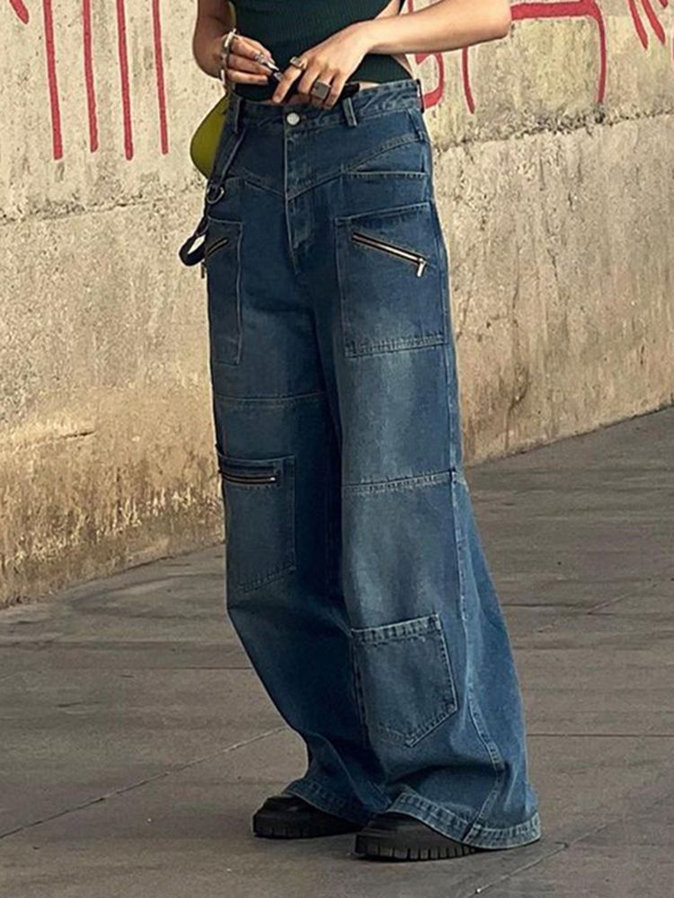 (sky Blue)Weekeep Fashion Vintage 2000s Streetwear Jeans Women Low Waist Button Up Straight Pants Korean Retro Baggy 90s Denim Cargo Pants ACU