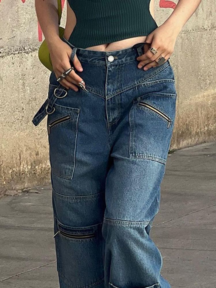 (sky Blue)Weekeep Fashion Vintage 2000s Streetwear Jeans Women Low Waist Button Up Straight Pants Korean Retro Baggy 90s Denim Cargo Pants ACU