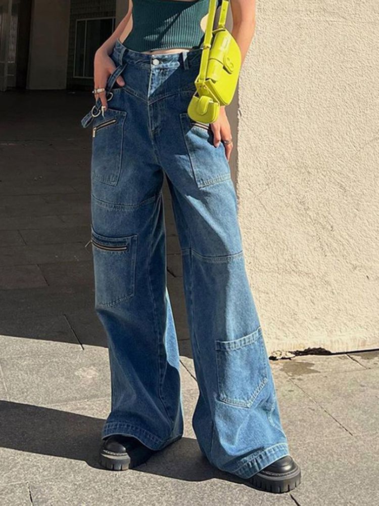 (sky Blue)Weekeep Fashion Vintage 2000s Streetwear Jeans Women Low Waist Button Up Straight Pants Korean Retro Baggy 90s Denim Cargo Pants ACU