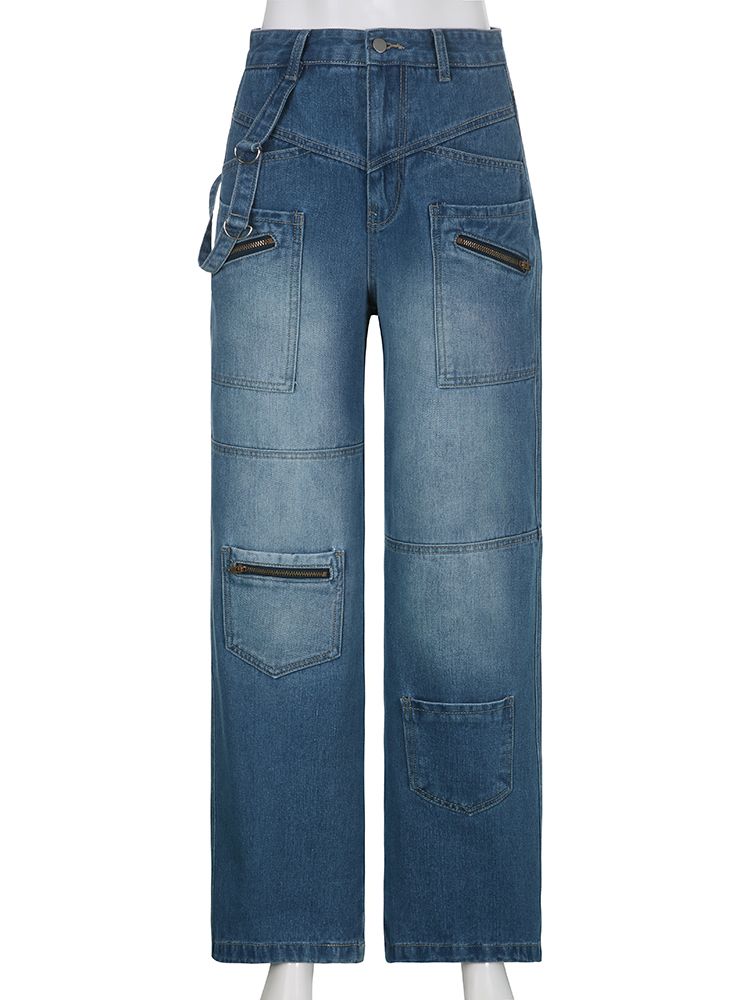 (sky Blue)Weekeep Fashion Vintage 2000s Streetwear Jeans Women Low Waist Button Up Straight Pants Korean Retro Baggy 90s Denim Cargo Pants ACU