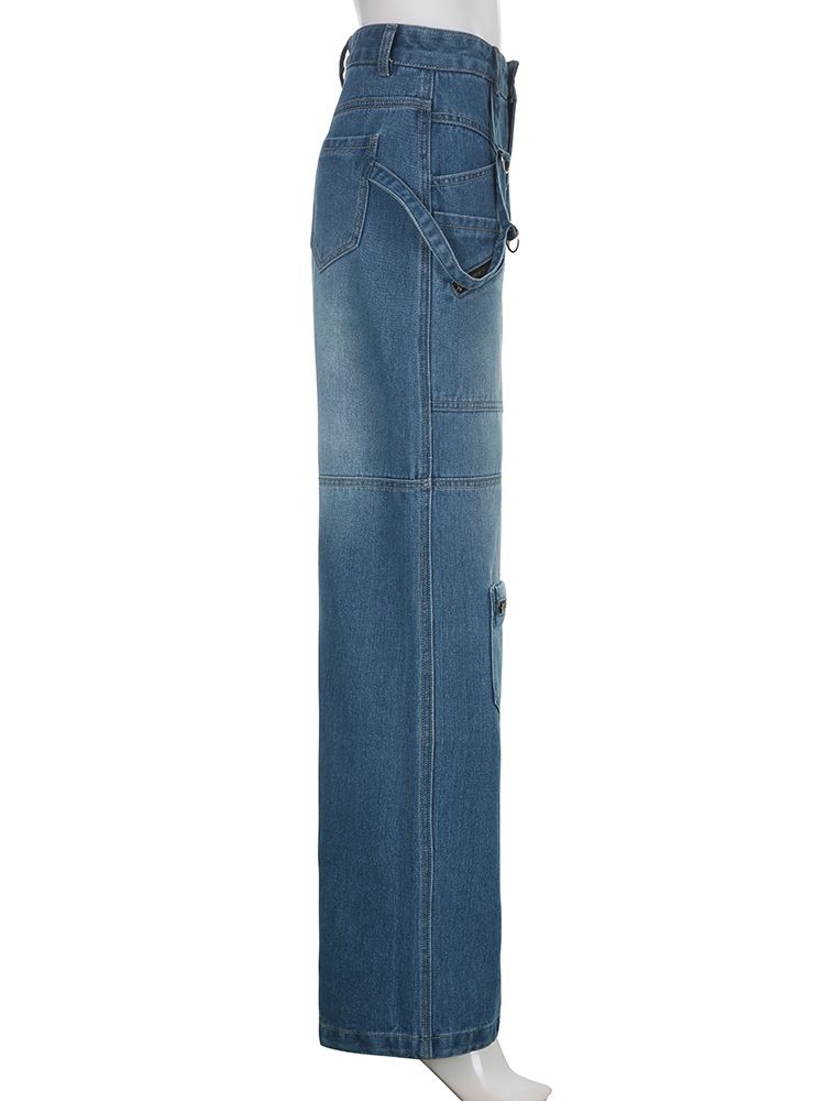 (sky Blue)Weekeep Fashion Vintage 2000s Streetwear Jeans Women Low Waist Button Up Straight Pants Korean Retro Baggy 90s Denim Cargo Pants ACU