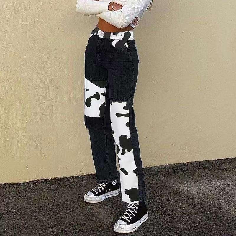 J&H New High Waisted Cow Print Patchwork Straight Cut Casual Jeans for Plus Size Women