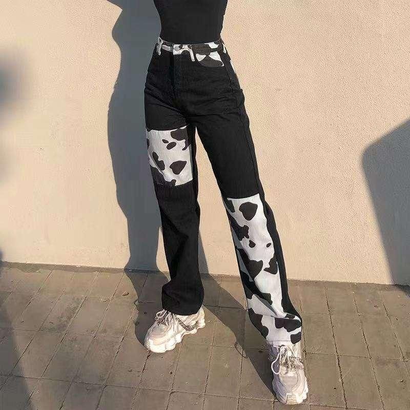 J&H New High Waisted Cow Print Patchwork Straight Cut Casual Jeans for Plus Size Women