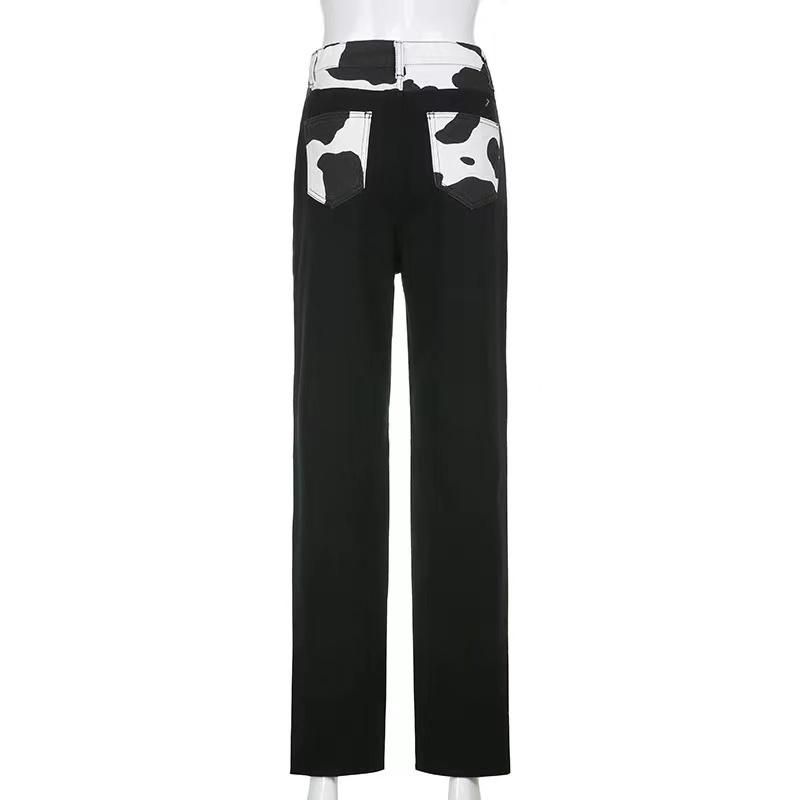 J&H New High Waisted Cow Print Patchwork Straight Cut Casual Jeans for Plus Size Women