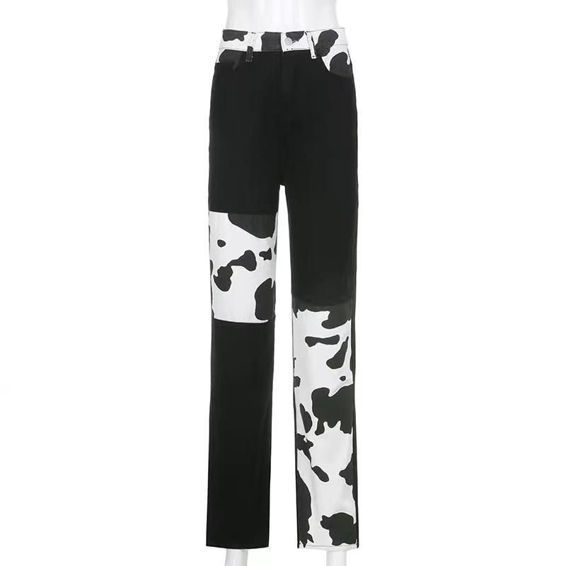J&H New High Waisted Cow Print Patchwork Straight Cut Casual Jeans for Plus Size Women