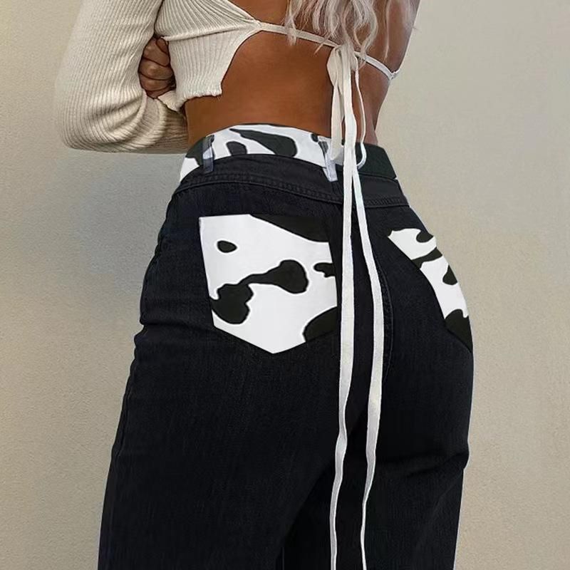 J&H New High Waisted Cow Print Patchwork Straight Cut Casual Jeans for Plus Size Women