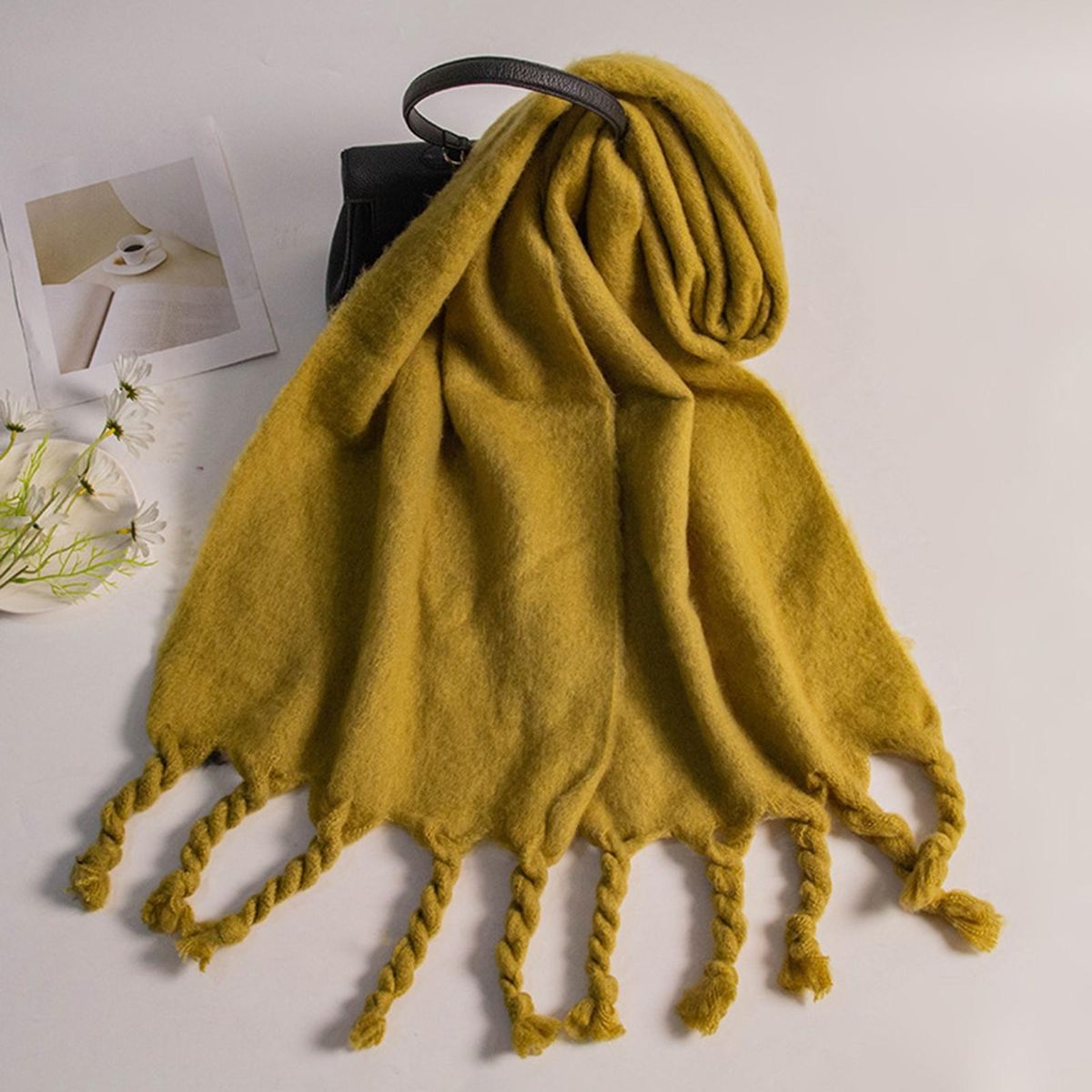 Women Shawl Bright Color Fringe Thermal Scarf Yellow Green