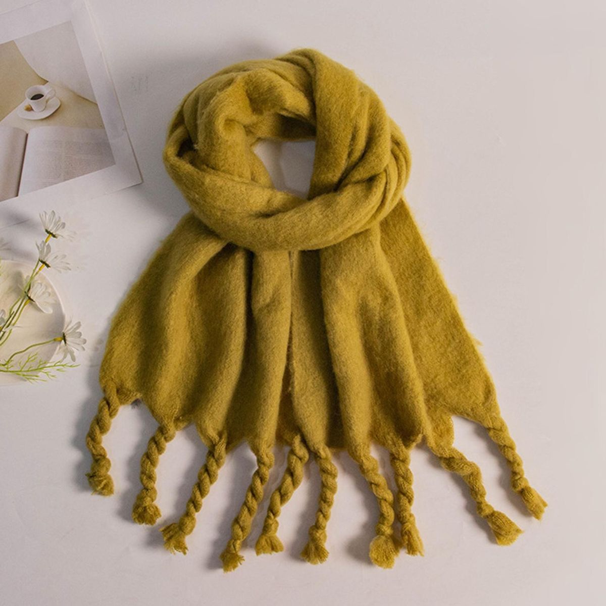 Women Shawl Bright Color Fringe Thermal Scarf Yellow Green