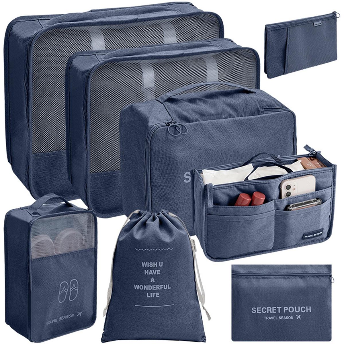 8Pcs Luggage Storage Bags Washable Luggage Packing Organizers Shoe Cosmetic Bags Navy Blue