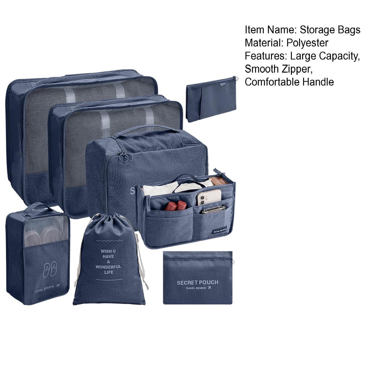 8Pcs Luggage Storage Bags Washable Luggage Packing Organizers Shoe Cosmetic Bags Navy Blue