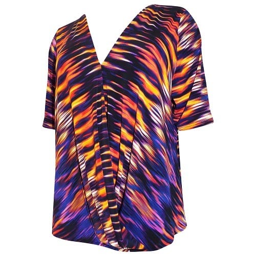 Purple Printed Mock Wrap Half Sleeve Top - Plus Size