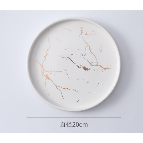 Round Marble Gold Stripe Matte Ceramic Plate White Gold Props