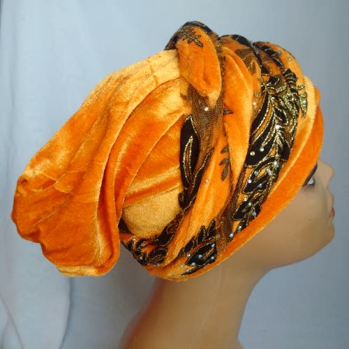 Double Wrap Laced Turban Head Wrap - Orange
