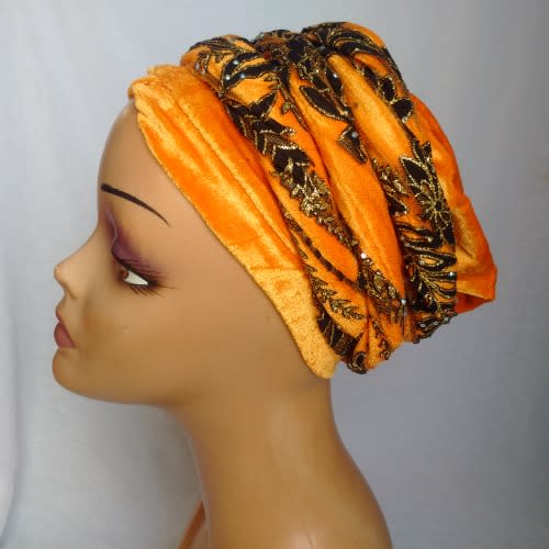Double Wrap Laced Turban Head Wrap - Orange