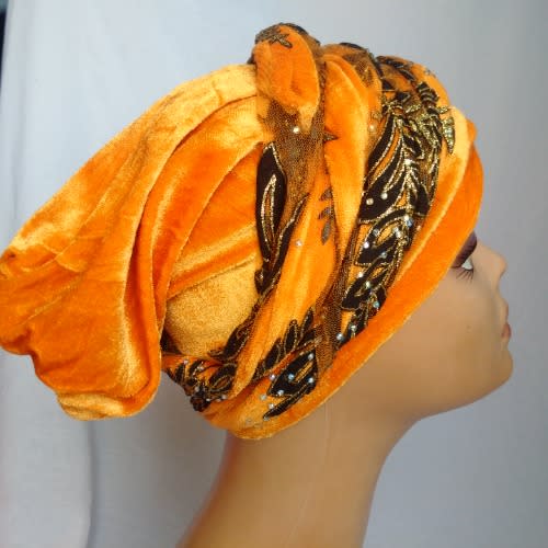 Double Wrap Laced Turban Head Wrap - Orange