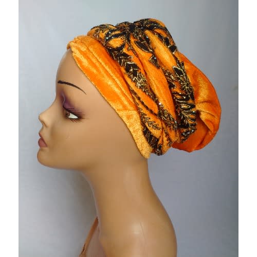 Double Wrap Laced Turban Head Wrap - Orange