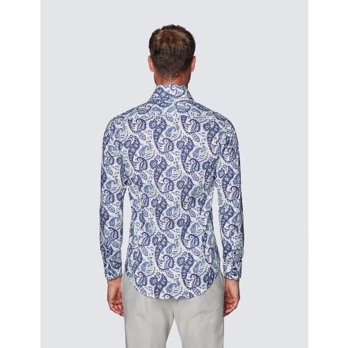 Men’s Curtis Cream & Blue Paisley Print Slim Fit Shirt - Low Collar