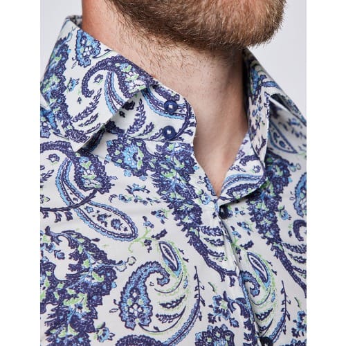 Men’s Curtis Cream & Blue Paisley Print Slim Fit Shirt - Low Collar