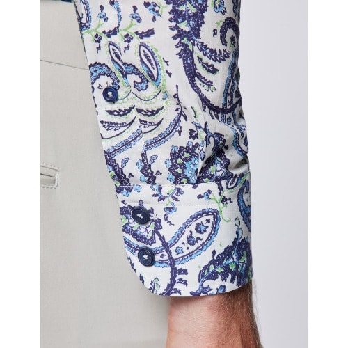 Men’s Curtis Cream & Blue Paisley Print Slim Fit Shirt - Low Collar