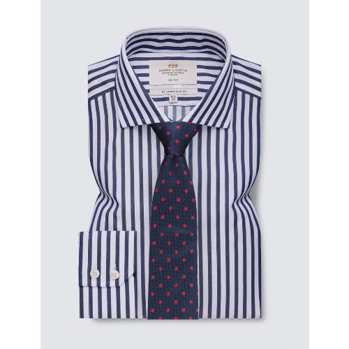 Non Iron Navy & White Stripe Slim Fit Shirt - Single Cuffs