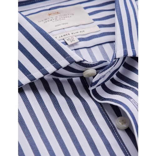 Non Iron Navy & White Stripe Slim Fit Shirt - Single Cuffs