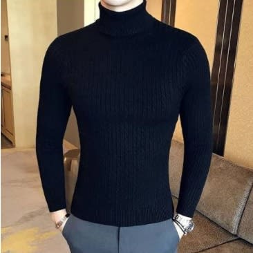 Unisex Long Sleeve Turtle Neck Casual Top  - Black