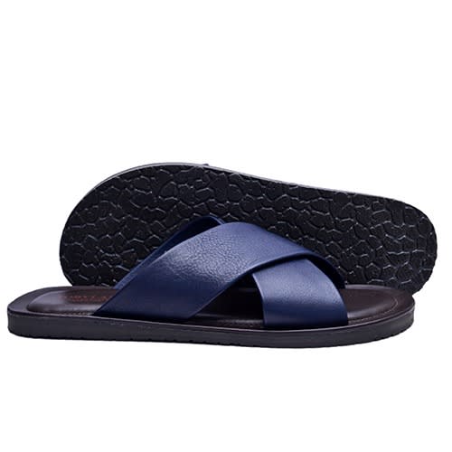 Navy Blue Cross Leather Slippers