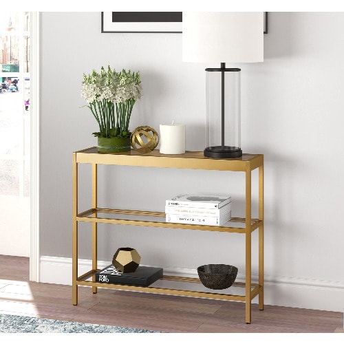 Butler  3-shelf Short Console Table In Blackened Bronze - Gold