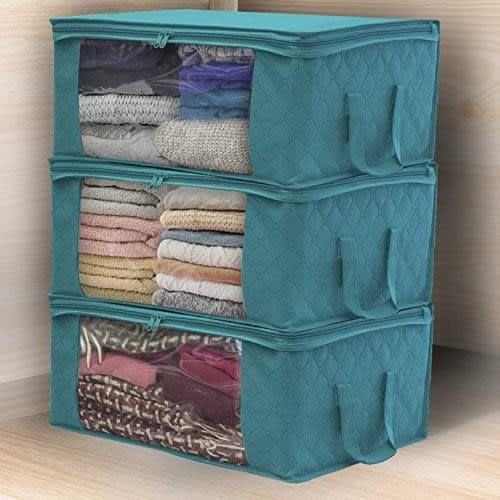 Non-woven Folding Clothing Storage Box Quilt Storage Bag - 3 In 1 - Blue