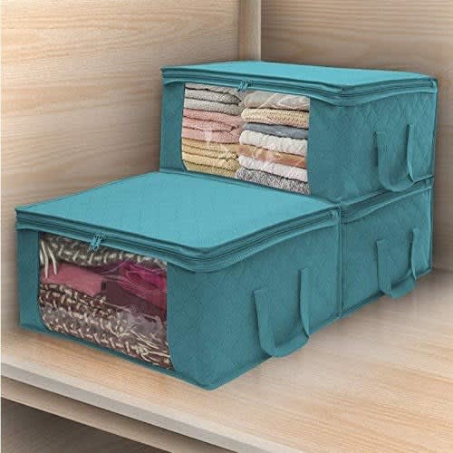 Non-woven Folding Clothing Storage Box Quilt Storage Bag - 3 In 1 - Blue