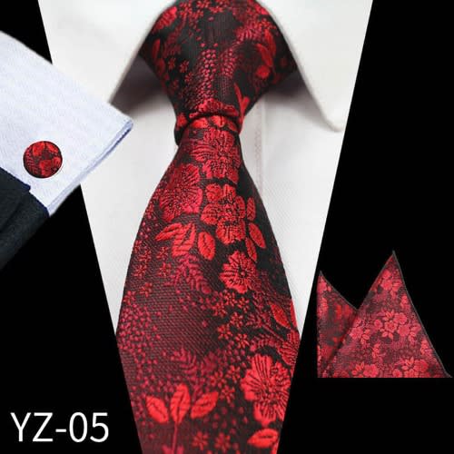 Men's Floral Business Silk Necktie - Pocket Square - Cufflinks Set