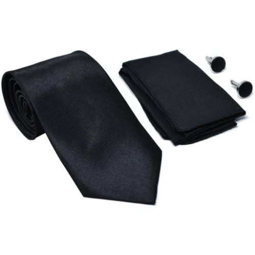 Men's Long Tie With Cufflinks And Pocket Square  - Black