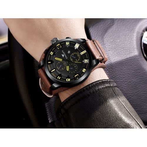 Men Leather Strap Watch - Brown