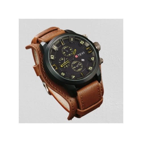 Men Leather Strap Watch - Brown