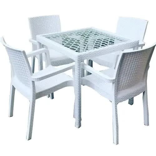 Basket Table And 4 Pieces Of Basket Chairs - White