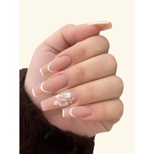 24pcs Butterfly Long Coffin Fake Nail & 1pc Nail File & 1sheet Tape