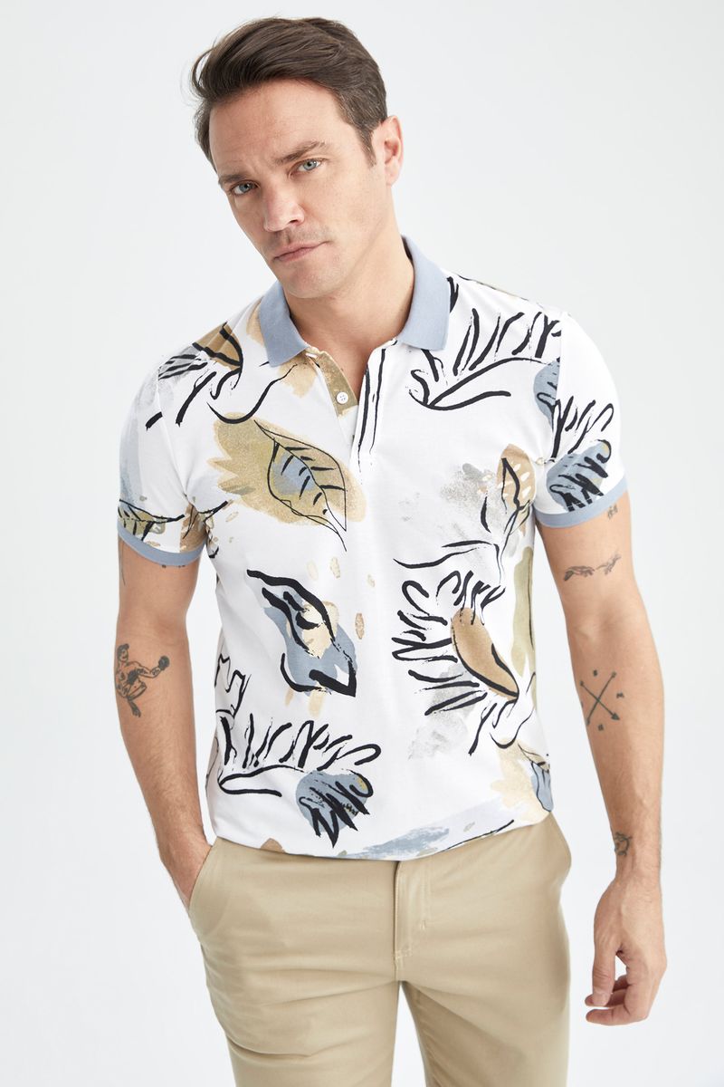 Man Smart Casual Slim Fit Polo Neck Short Sleeve Knitted Polo T-Shirt - Beige