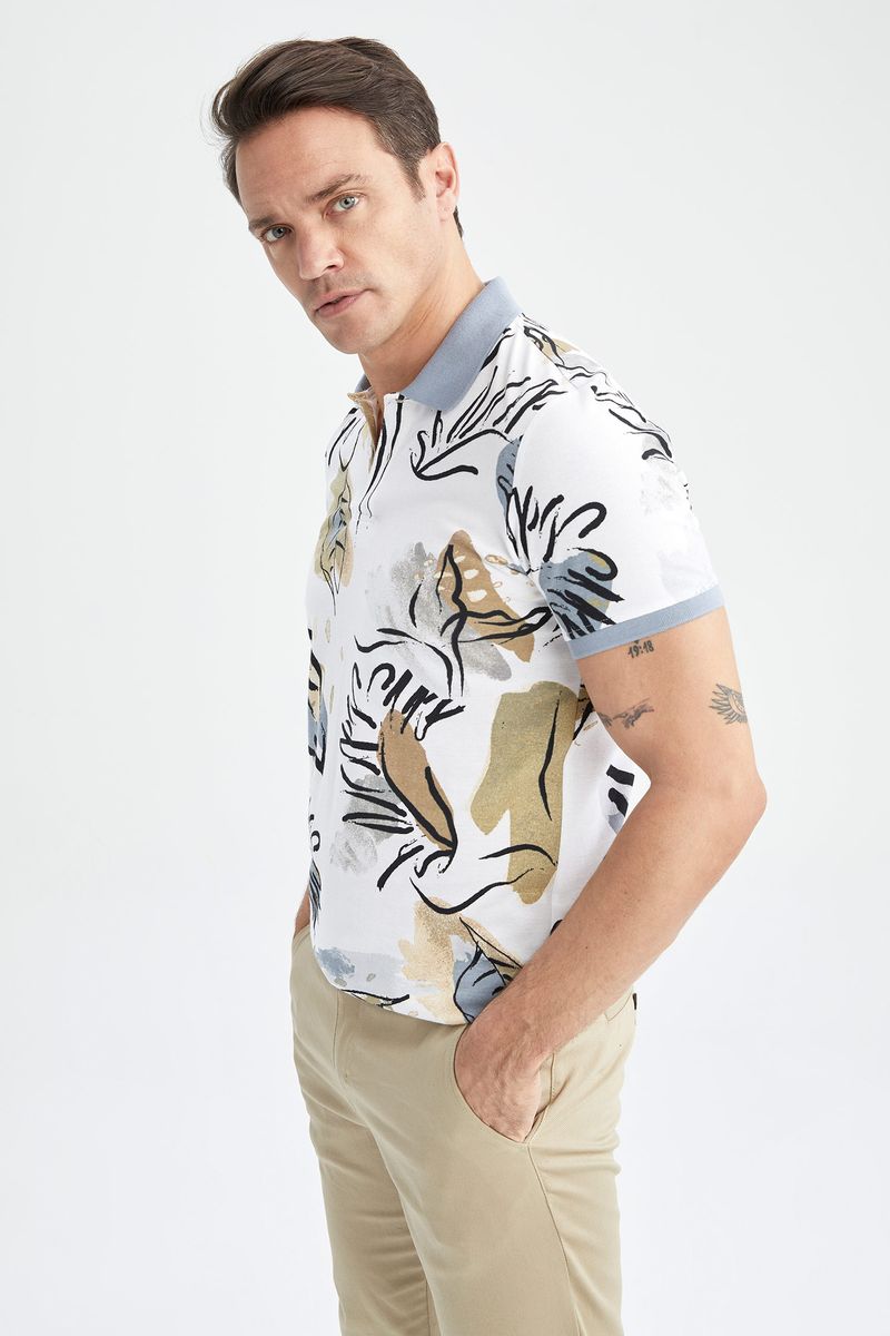 Man Smart Casual Slim Fit Polo Neck Short Sleeve Knitted Polo T-Shirt - Beige