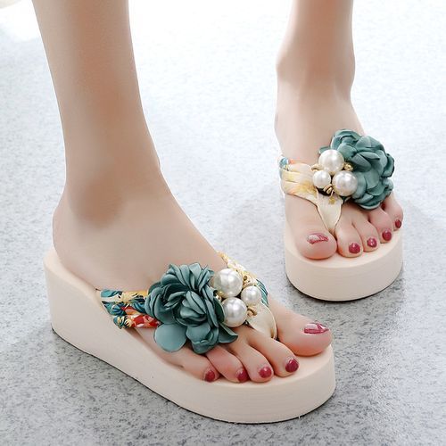 Appliques Flip Flops Lady Wedge Beach Sandals (Beige&Green)