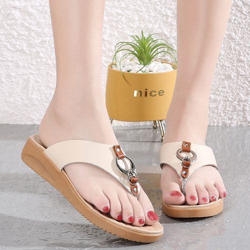 Women Flip Flops Lady Flat Sandals Beige