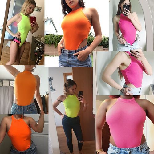 Romper Neon Green Red Orange Sexy Bodysuit Summer Clothes For Women Casual Streetwear Bodycon Jumpsuits(#Black)