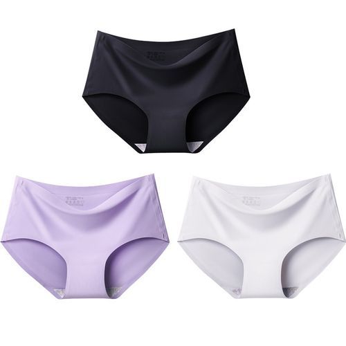 Big Size 4XL Women Seamless Panties Silk Mid Waist Underwear For Female 3Pcs Large Size Women's Panties Set Underpant Lingerie(#black Violet White)