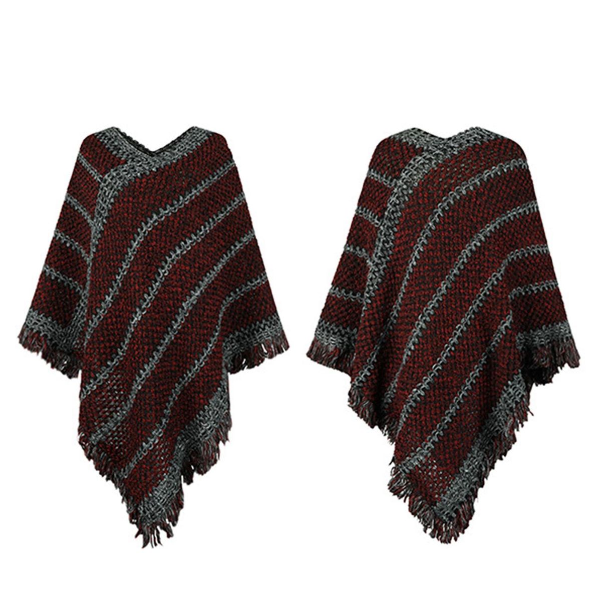 V Neck Ethnic Style Pullover Thick Knitted Cape-Wine Red