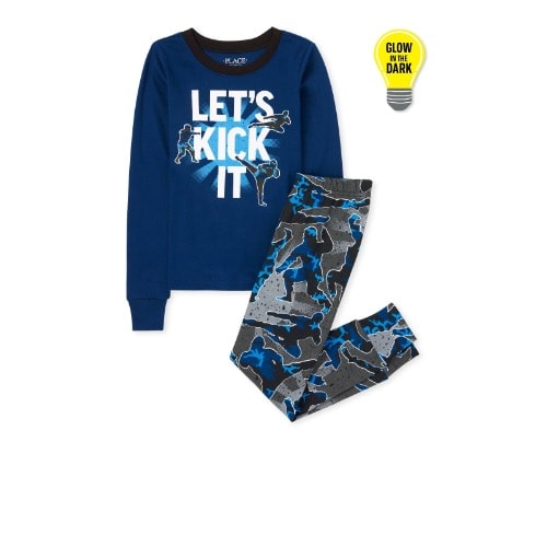 Boys Glow Lets Kick It Snug Fit Cotton Long Sleeve Pyjamas Sleepwear- Blue