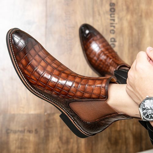 Elegant Chelsea Boots Men Shoes Superior Quality Snakeskin Pattern Leather Boots High Top Slip-on Dress Formal Boots Luxury Male Shoes Brown