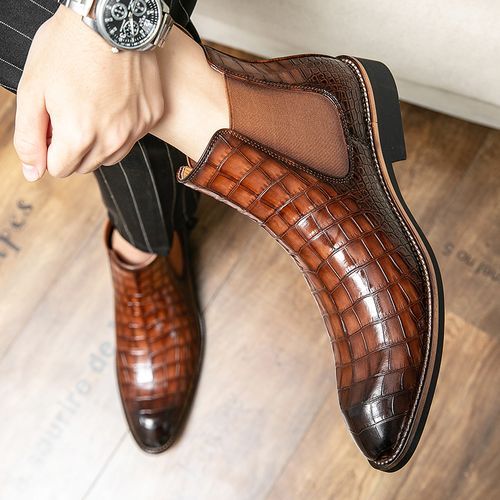 Elegant Chelsea Boots Men Shoes Superior Quality Snakeskin Pattern Leather Boots High Top Slip-on Dress Formal Boots Luxury Male Shoes Brown