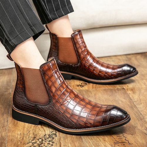 Elegant Chelsea Boots Men Shoes Superior Quality Snakeskin Pattern Leather Boots High Top Slip-on Dress Formal Boots Luxury Male Shoes Brown