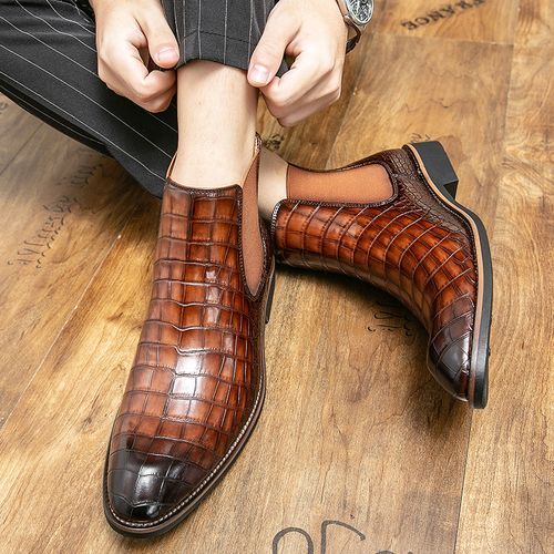 Elegant Chelsea Boots Men Shoes Superior Quality Snakeskin Pattern Leather Boots High Top Slip-on Dress Formal Boots Luxury Male Shoes Brown