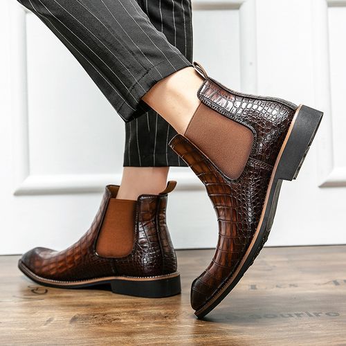 Elegant Chelsea Boots Men Shoes Superior Quality Snakeskin Pattern Leather Boots High Top Slip-on Dress Formal Boots Luxury Male Shoes Brown